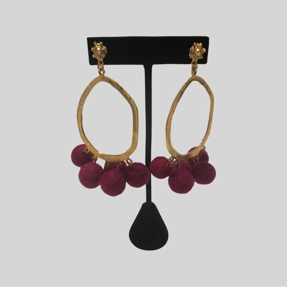 Yochi Jewelry - NY Designer Yochi - Fun gold tone earrings with magenta pink pom-poms